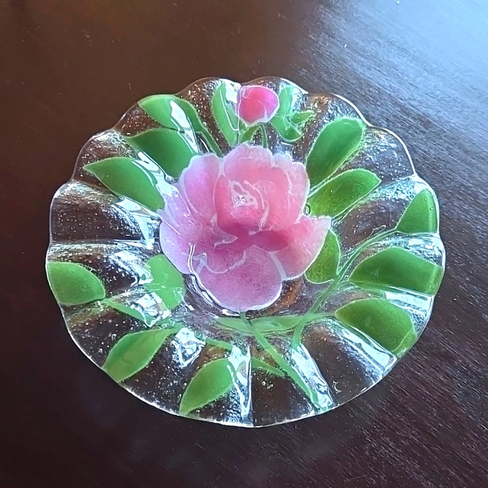Reverse Painted Fluted Rim Floral Glass Bowl
